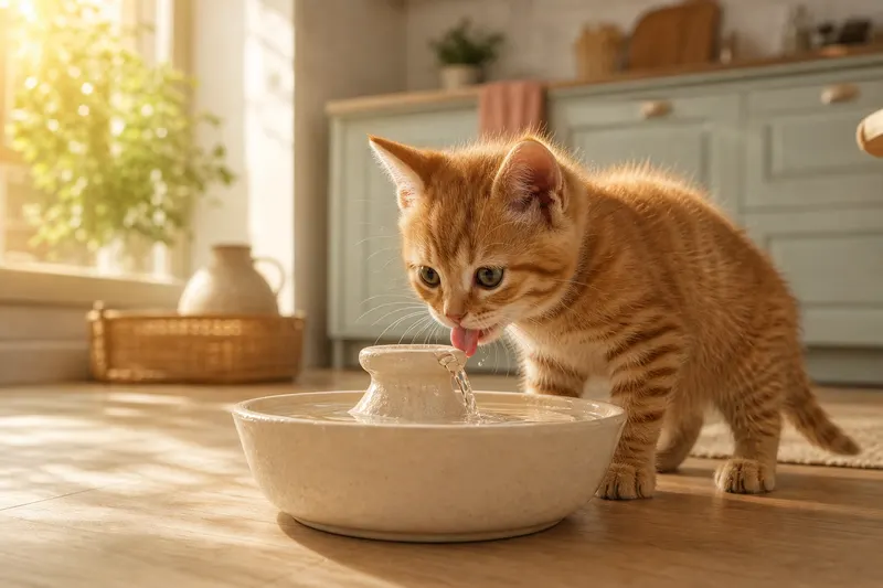 Chaton roux qui boit à une fontaine à eau