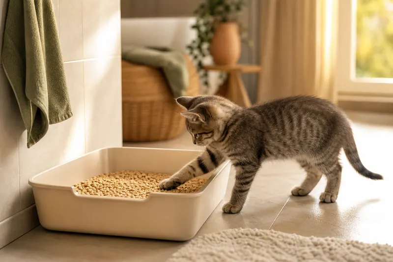 Chaton tigré qui entre dans son bac à litière