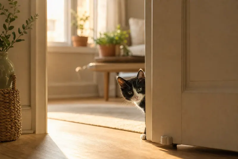 Chaton qui passe la tête derrière une porte
