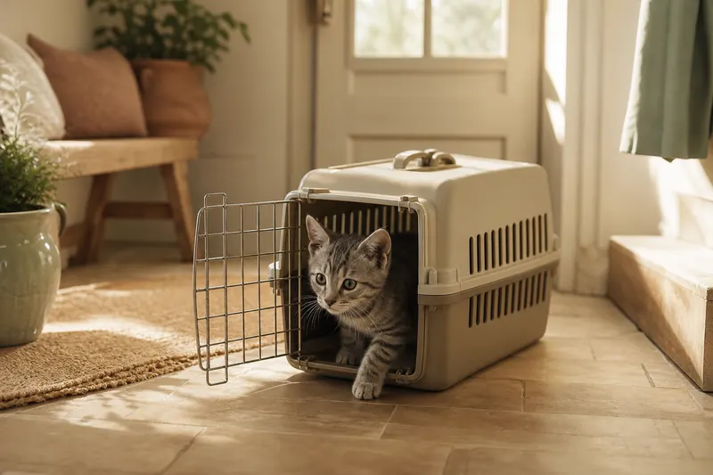 Chaton qui sort d'une caisse de transport